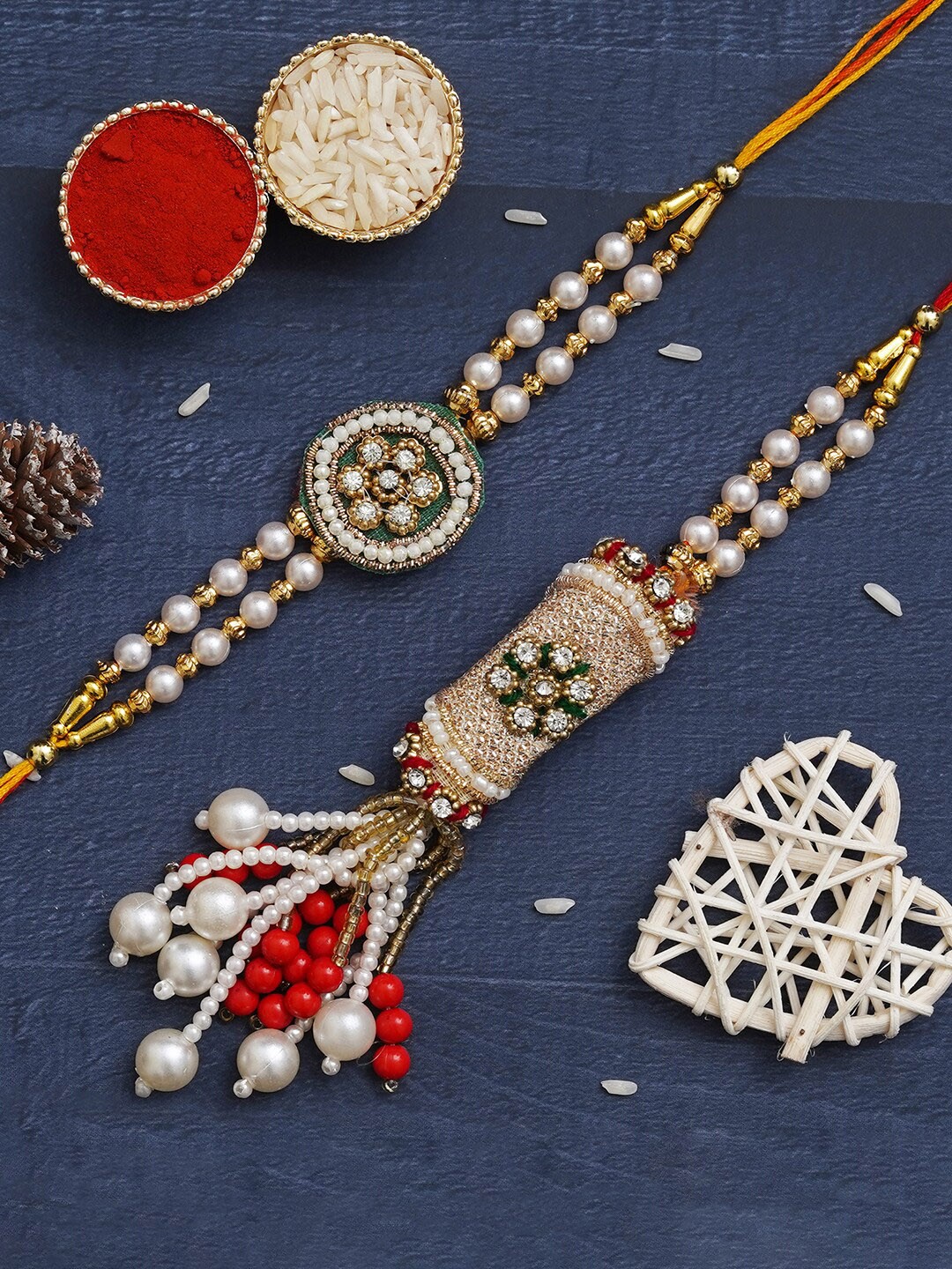 

eCraftIndia Set Of 2 Designer Bhaiya Bhabhi Rakhi, Gold