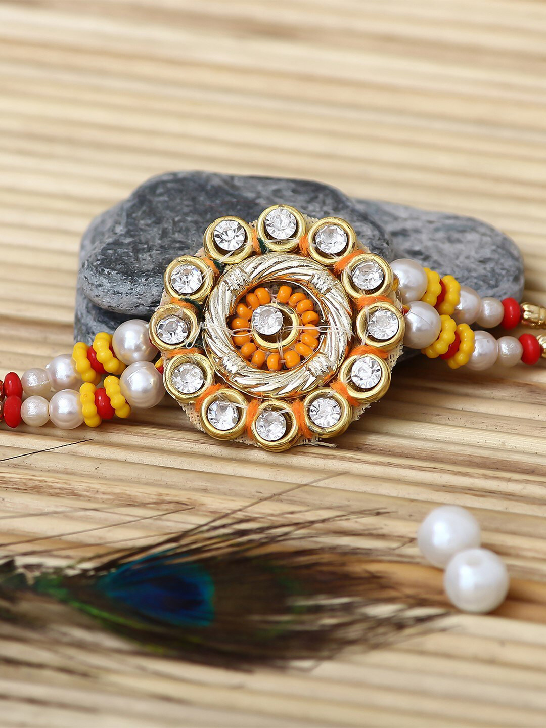 

eCraftIndia Stone-Studded & Beaded Designer Rakhi, Gold