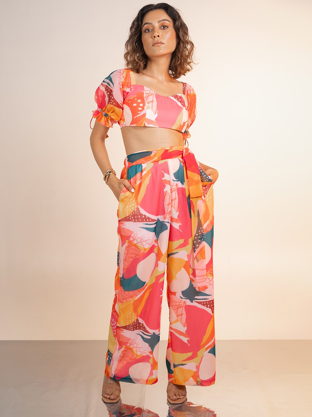 

POPPI Printed Miami Crop Top & Palazzo, Pink