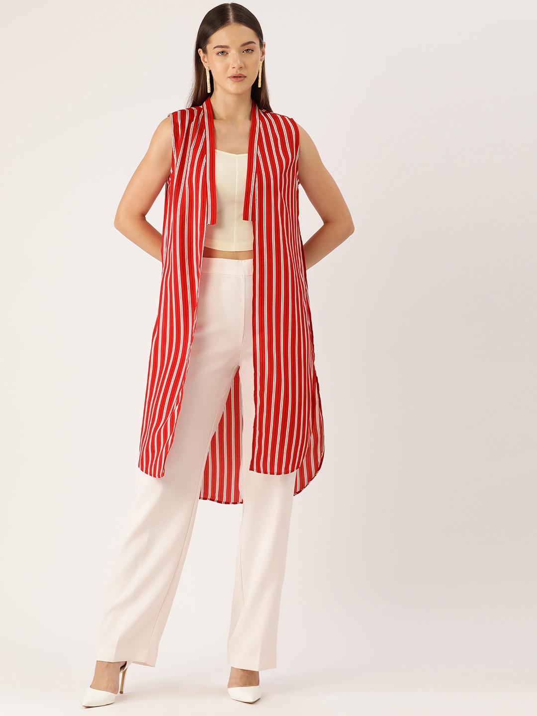 

Rue Collection Striped Open Front Longline Shrug, Red