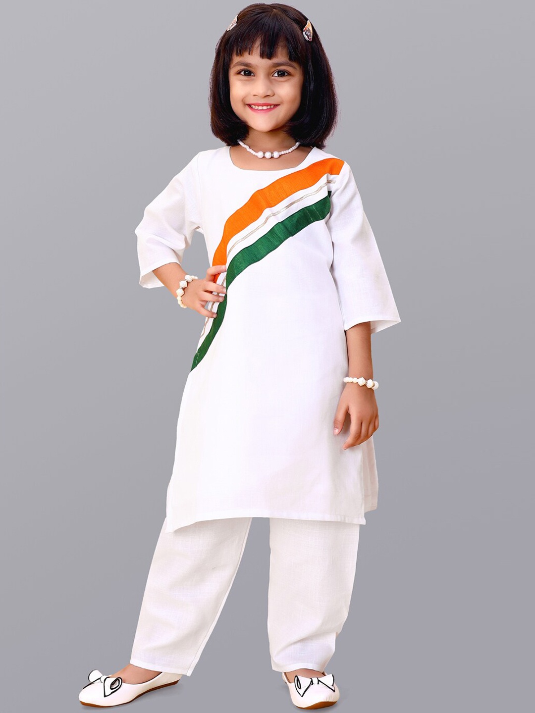 

BAESD Girls Striped Pure Cotton Kurta With Pyjamas, White