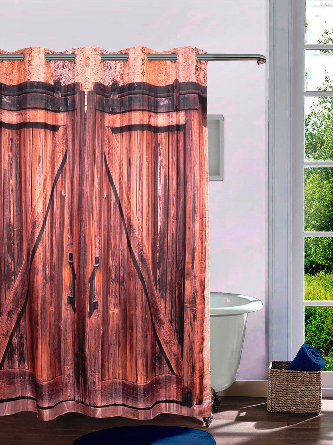 

Lushomes Brown Wooden Door Printed Waterproof Shower Curtain