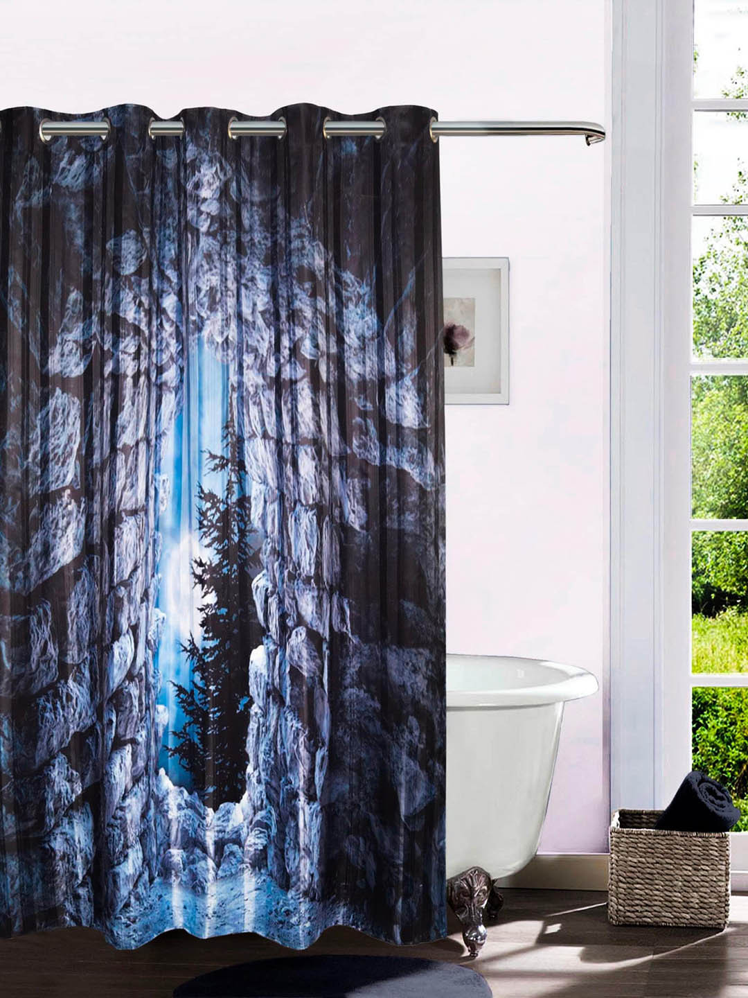 

Lushomes Grey & Blue Moon Cave Printed Waterproof Shower Curtain
