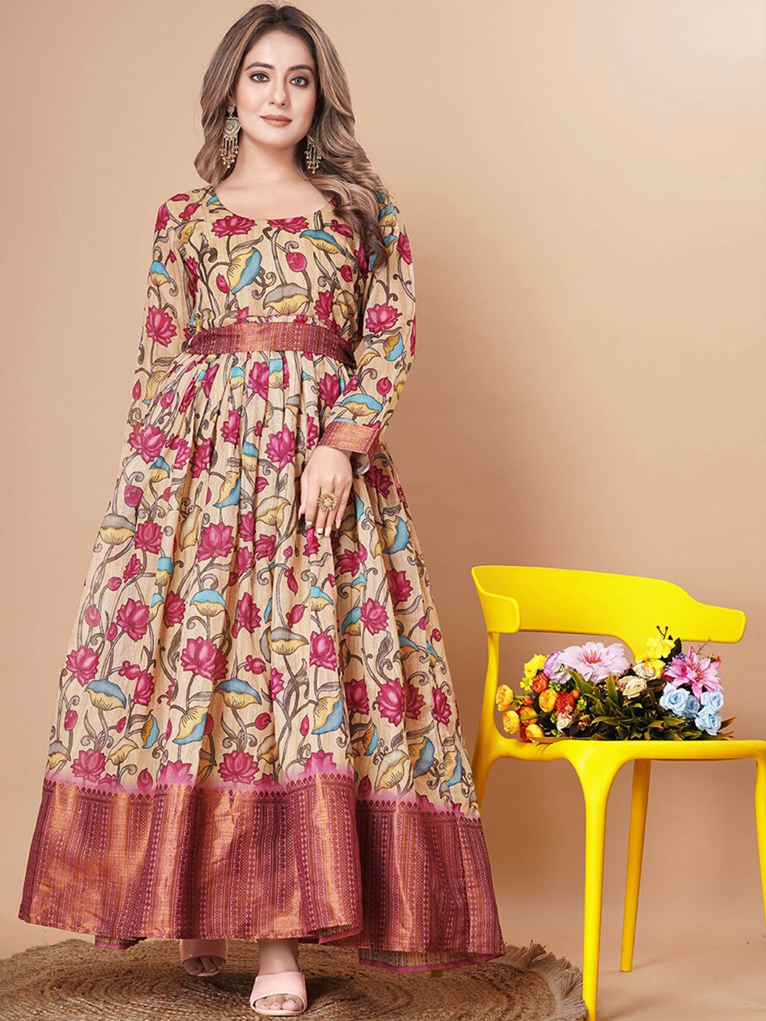

Tasarika Round Neck Floral Printed Cotton Ethnic Anarkali Dress With Belt, Beige