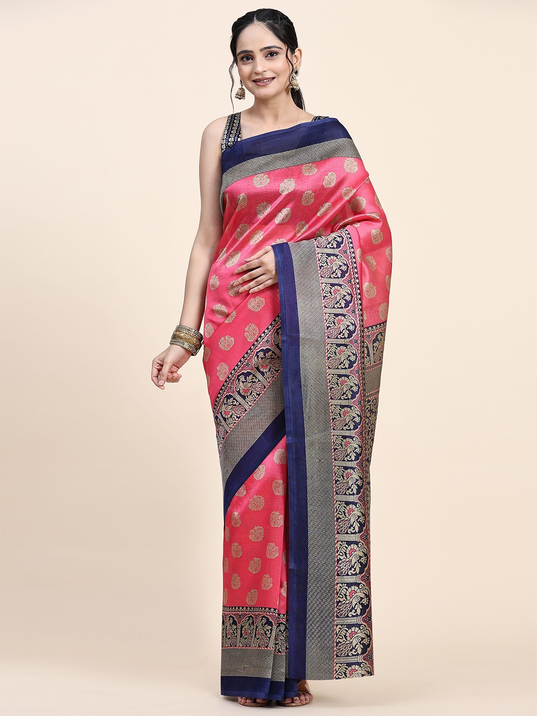 

RACHNA Ethnic Motifs Woven Design Zari Art Silk Mysore Silk Saree, Pink