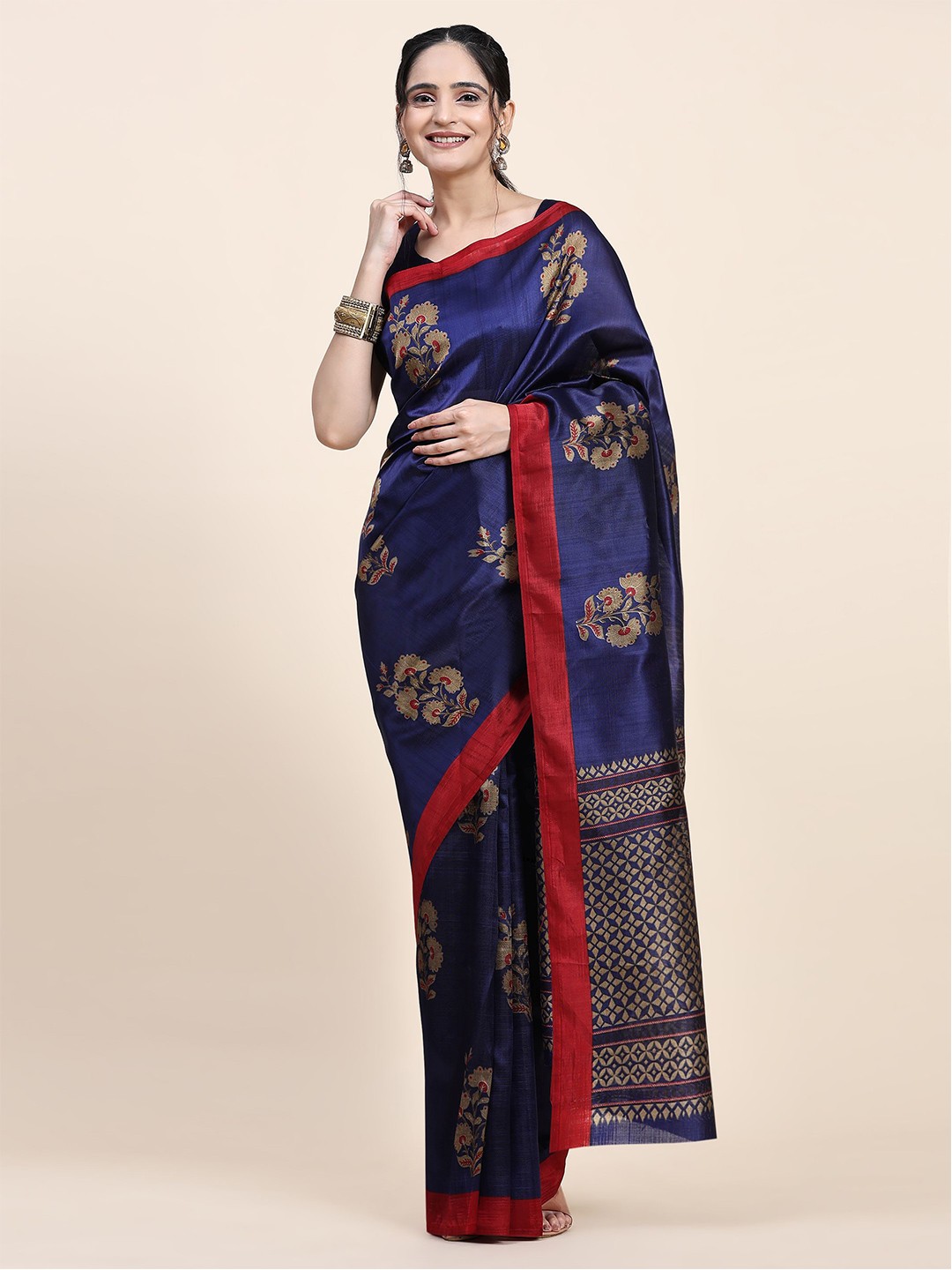 

RACHNA Floral Woven Design Art Silk Saree, Navy blue