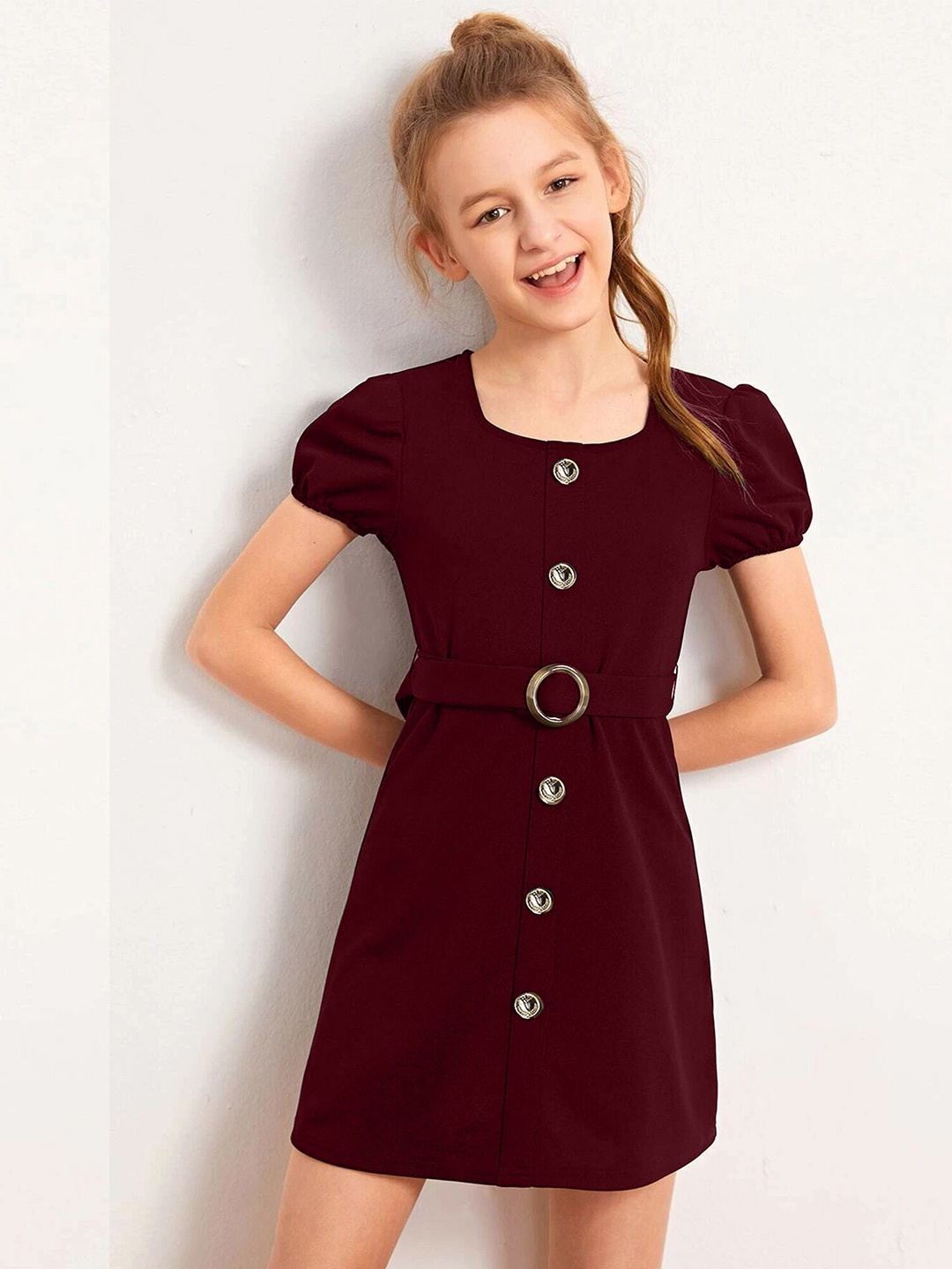 

ADDYVERO Girls Puff Sleeve Belted Cotton Lycra A-Line Dress, Maroon