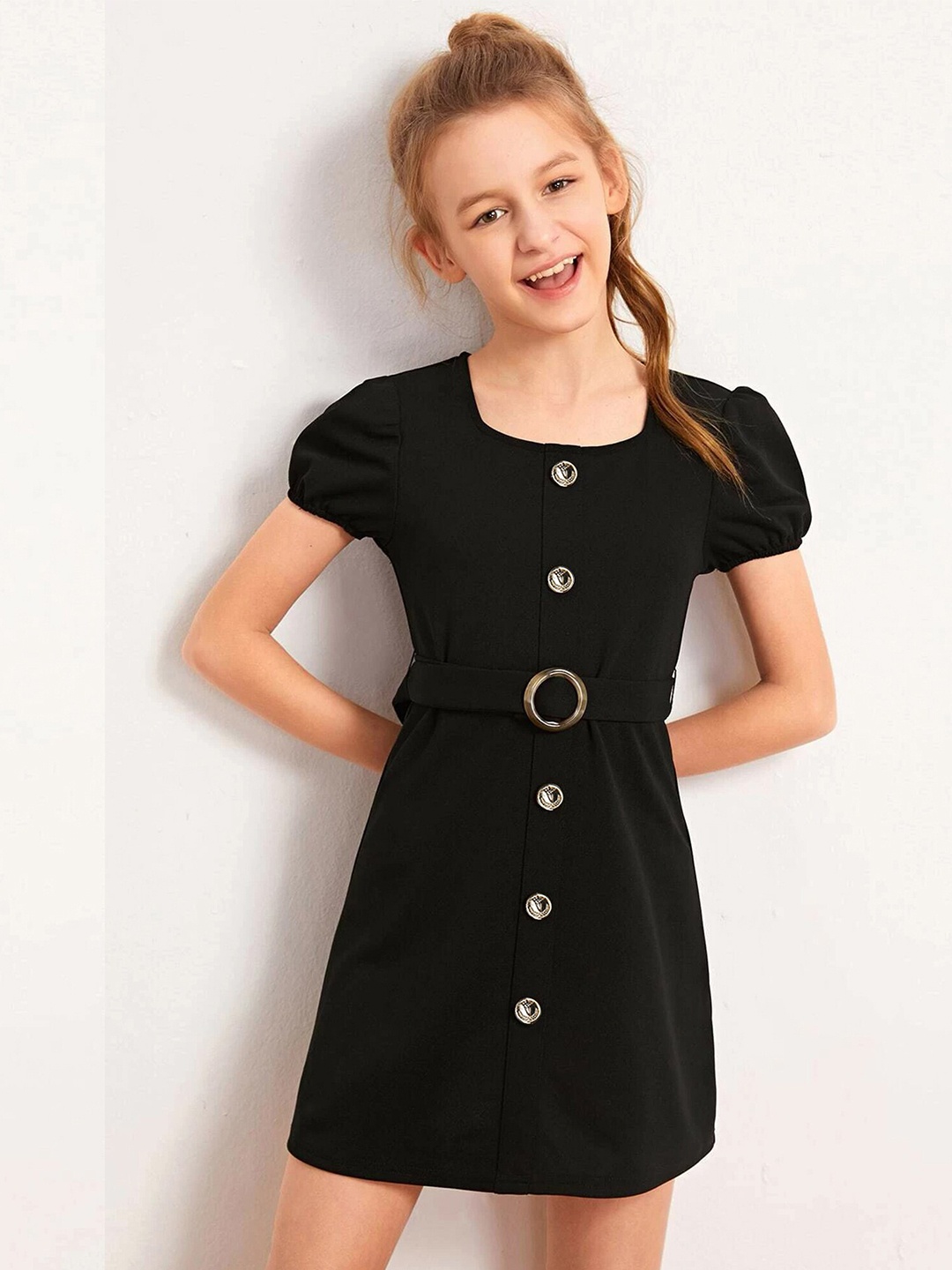 

ADDYVERO Girls Puff Sleeves Belted Cotton Lycra A-Line Dress, Black