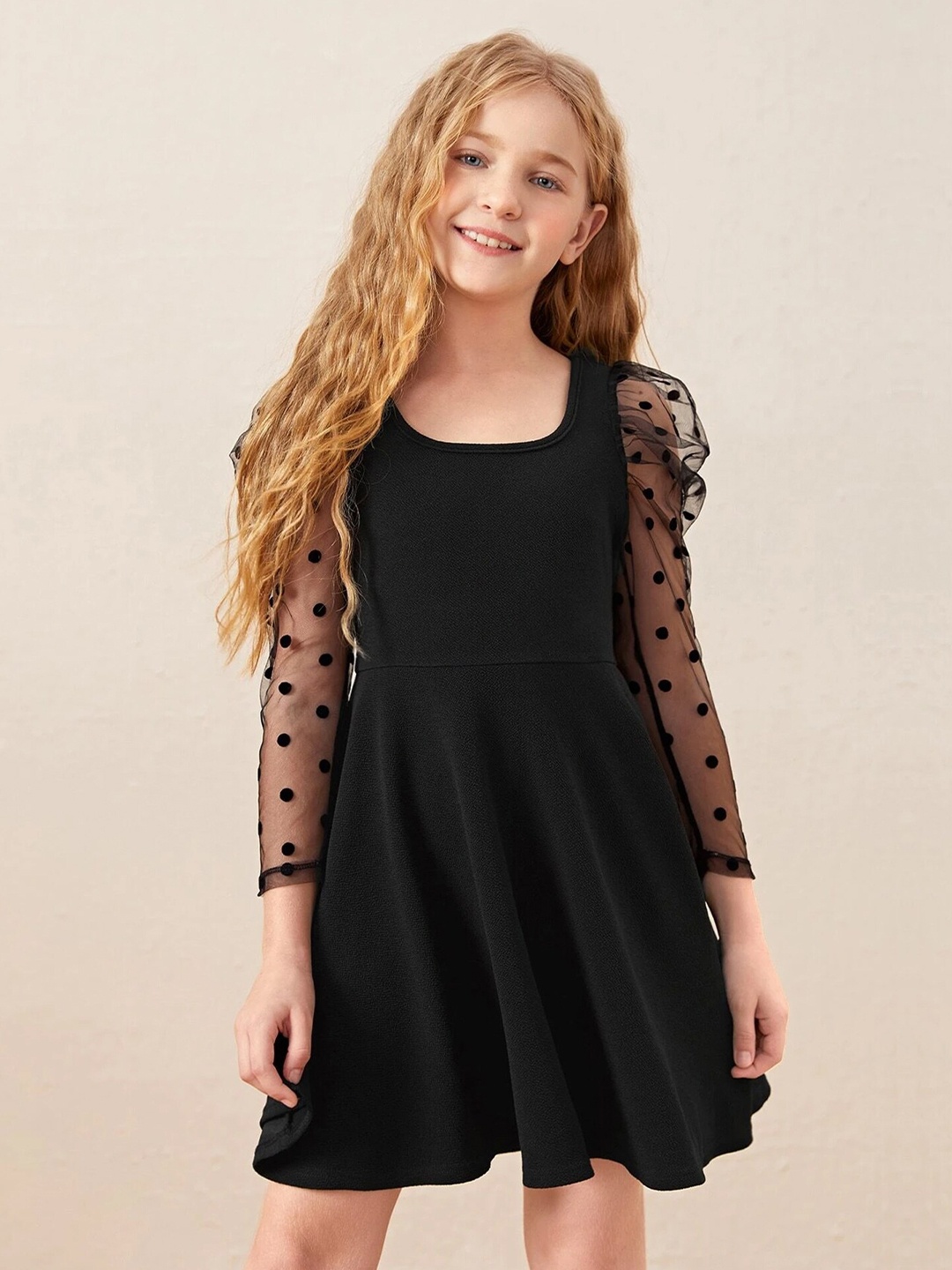 

ADDYVERO Girls Puff Sleeves Cotton Lycra Fit & Flare Dress, Black
