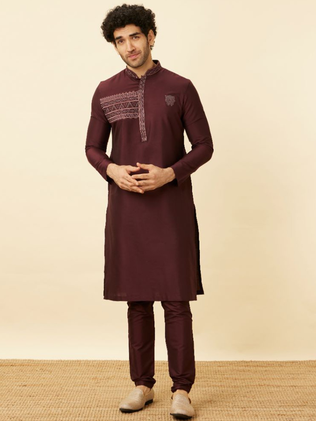 

Manyavar Black Panther Embroidered Mandarin Collar Kurta and Churidar, Burgundy