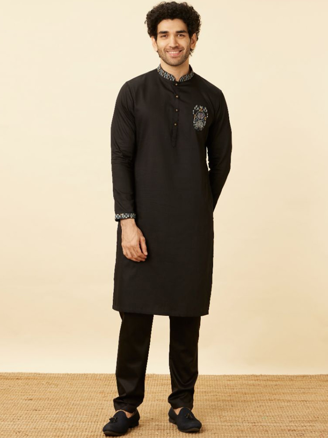 

Manyavar Black Panther Patchwork Mandarin Collar Kurta & Churidar