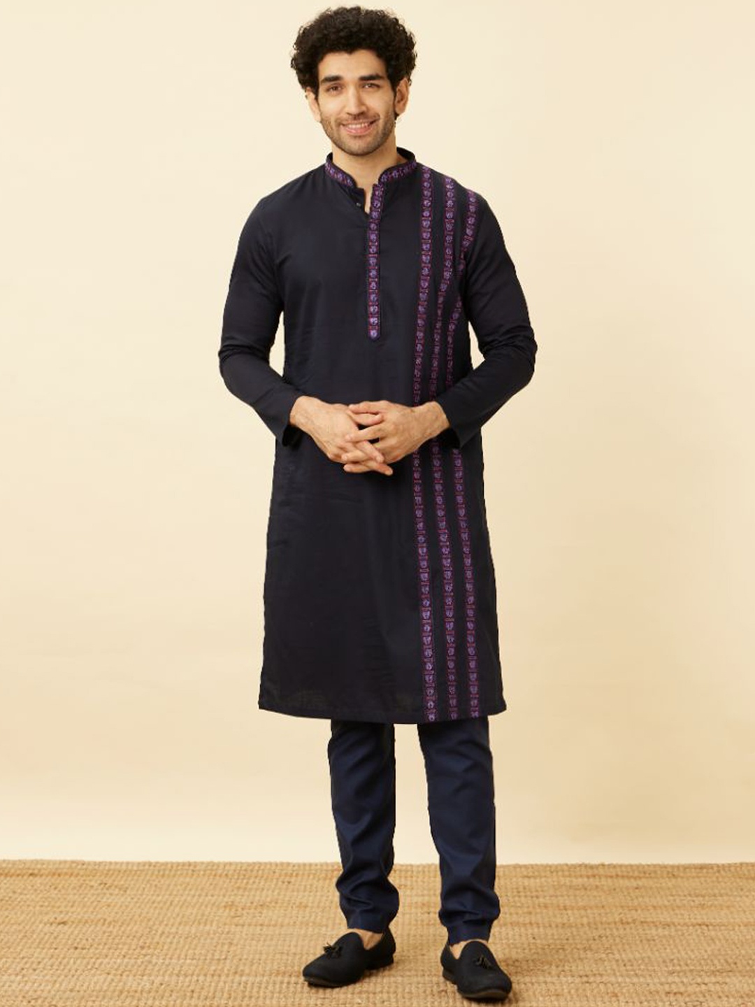 

Manyavar Black Panther Embroidered Mandarin Collar Kurta with Pyjamas, Blue