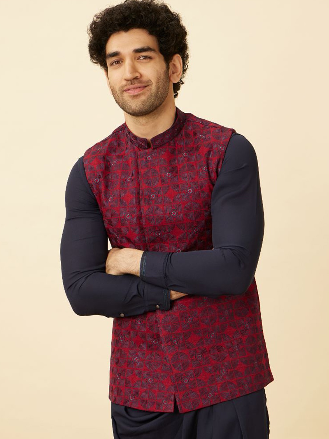 

Manyavar Aurora Red Captain America Woven Design Nehru Jackets, Maroon