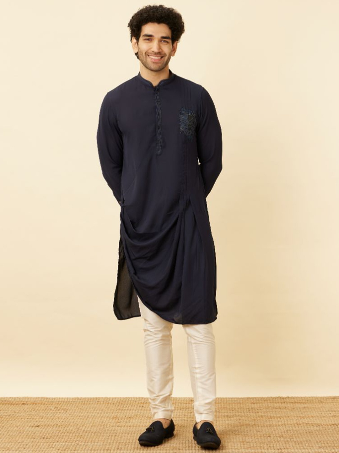 

Manyavar Black Panther Patch Work & Thread Work Kurta with Churidar, Blue