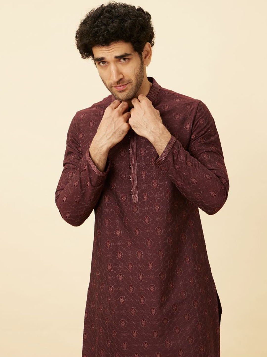 

Manyavar Iron Man Embroidered Mandarin Collar Kurta with Pyjamas, Maroon