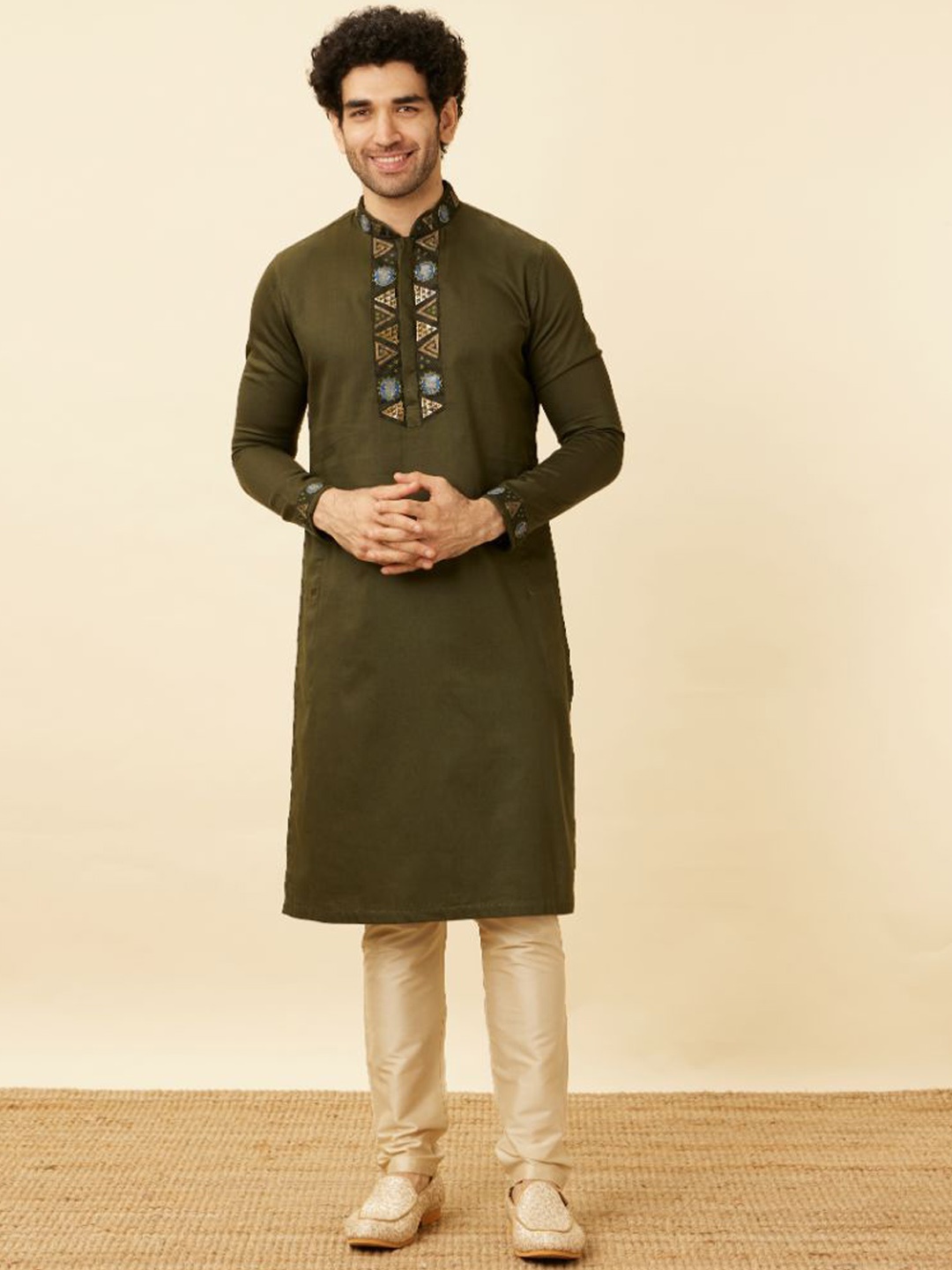 

Manyavar Embroidered Wakandan patchwork Kurta & Pyjamas, Olive