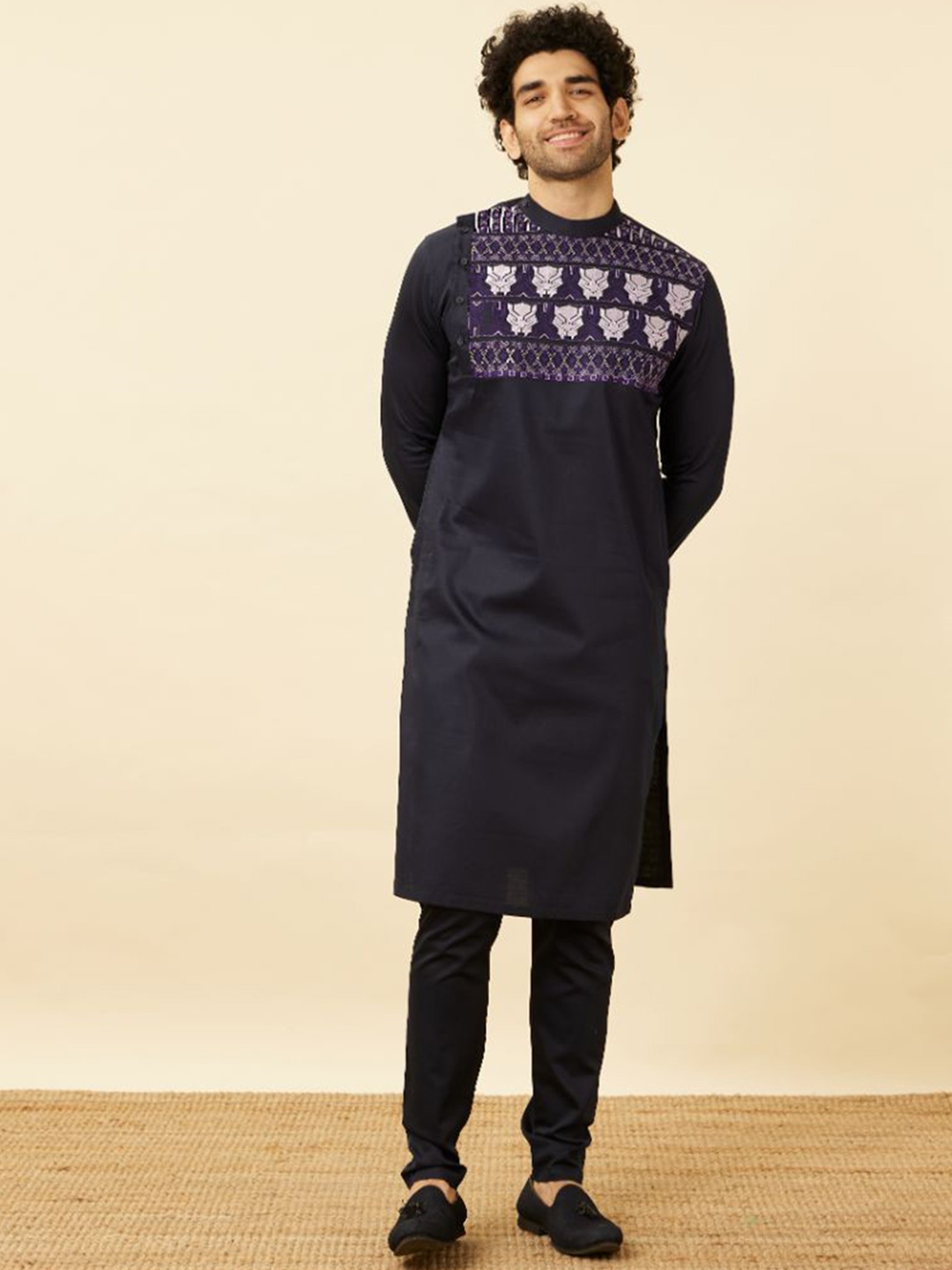 

Manyavar Ethnic Motifs Embroidered Wakanda Patchwork Kurta with Churidar, Blue