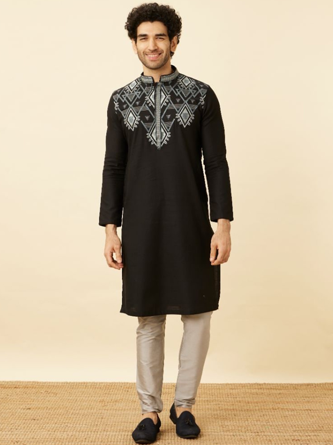 

Manyavar Charcoal Black Panther Geometric Embroidered Straight Kurta with Churidar