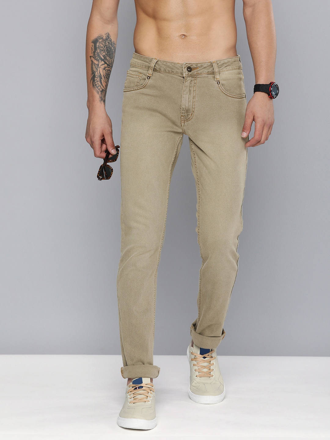 

R.Code by The Roadster Life Co. Men Micheal Slim Fit Light Fade Jeans, Khaki