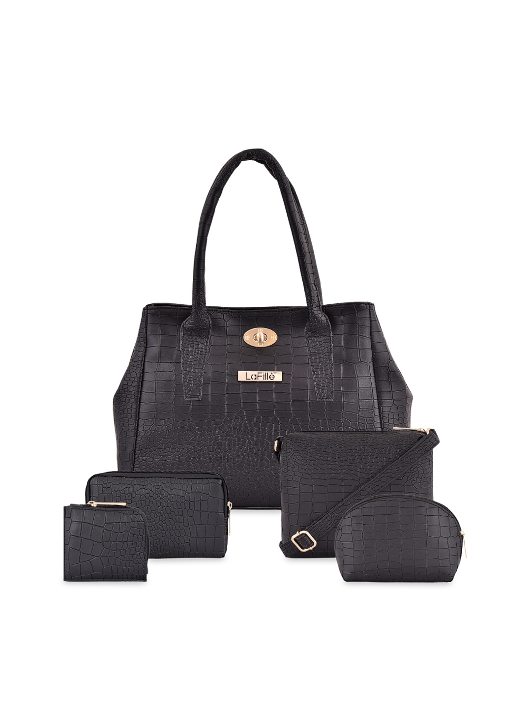 

LaFille Set Of 5 Textured PU Structured Handheld Bag, Black