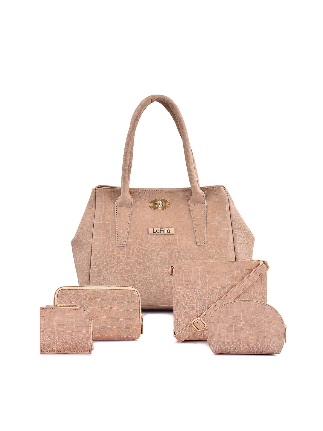 

LaFille Beige Textured PU Structured Handheld Bag