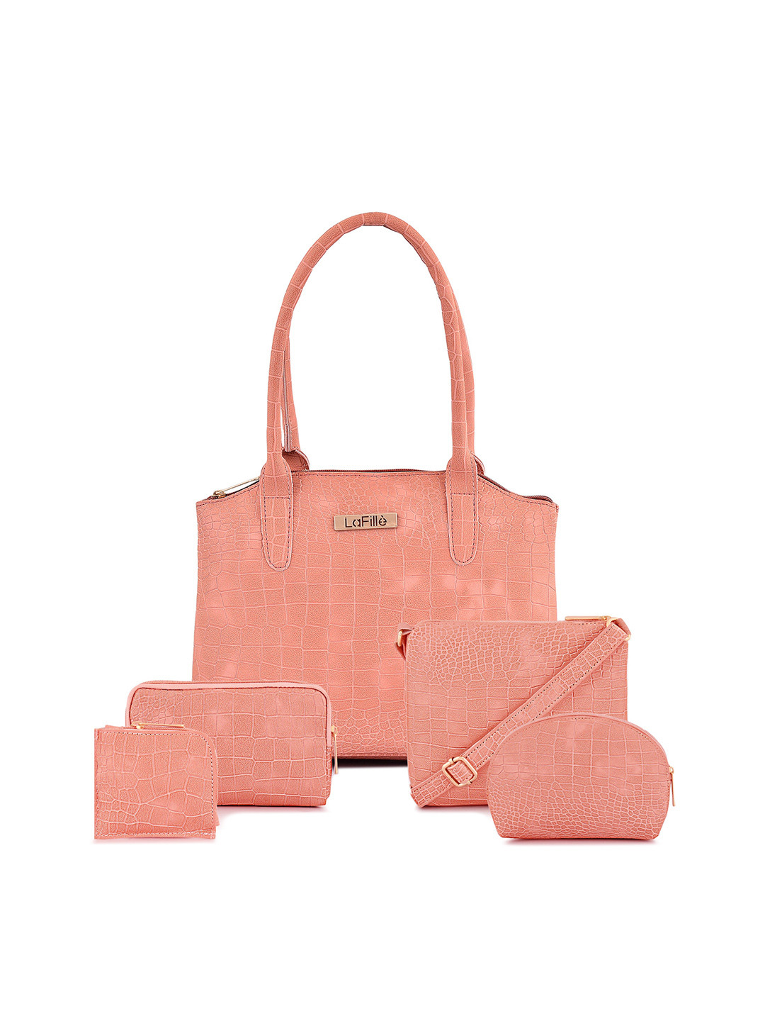 

LaFille Set Of 5 Textured Shopper Handheld Bag, Peach