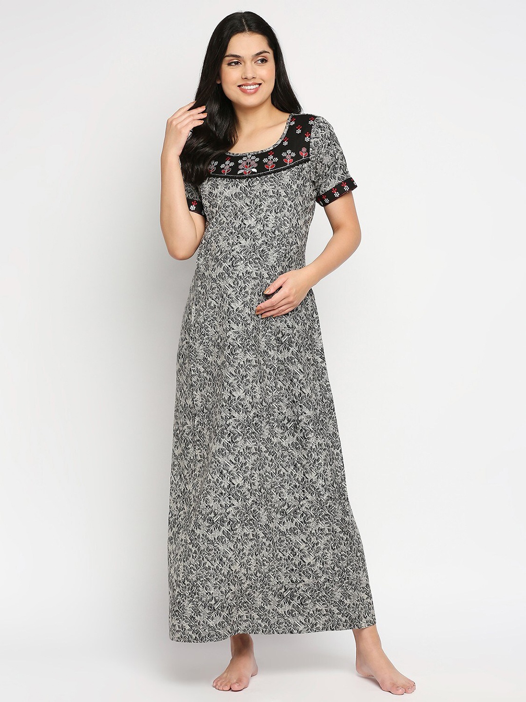 

True Shape Floral Embroidered Maxi Maternity Nightdress, Black
