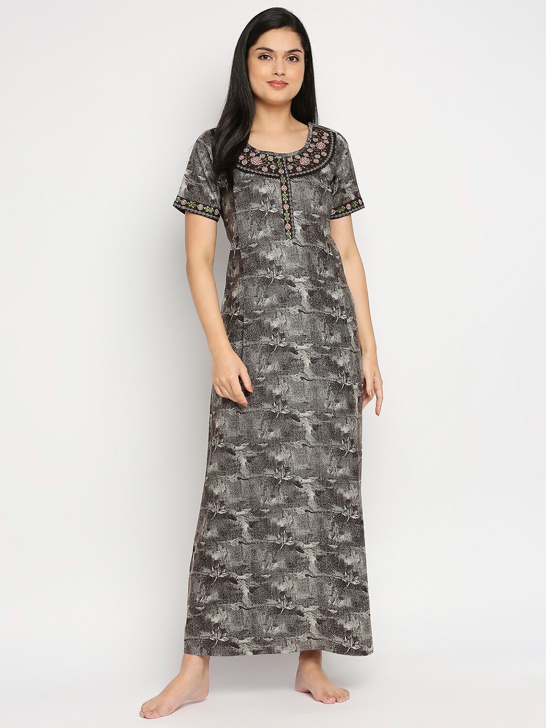 

True Shape Floral Embroidered Maxi Maternity Nightdress, Coffee brown
