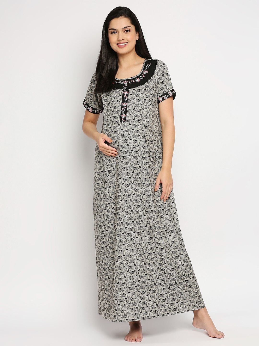 

True Shape Floral Embroidered Maxi Maternity Nightdress, Black