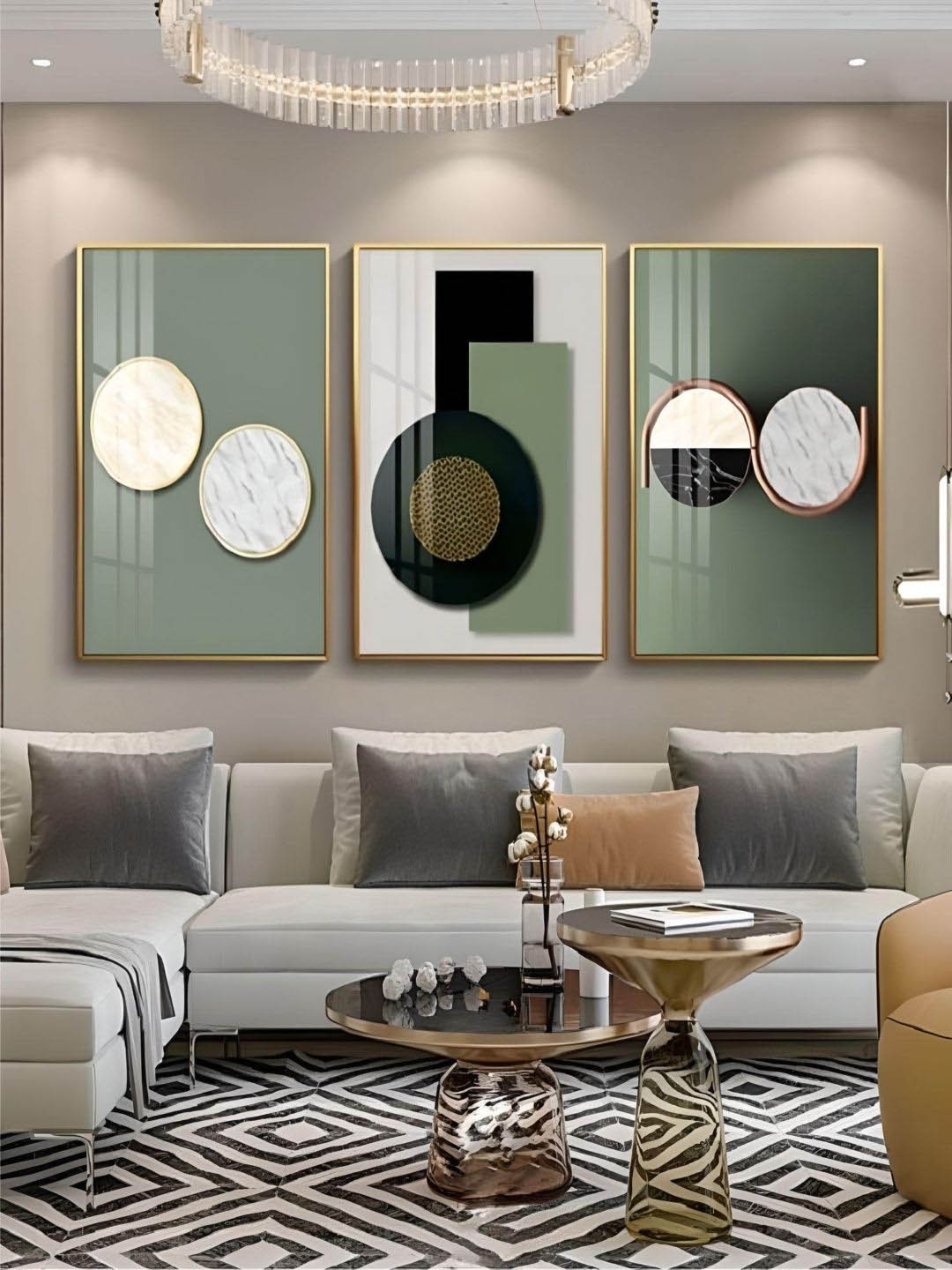 

THE HANDMADE FLAIR 3 Pcs Green & White Abstract Painting Wall Art