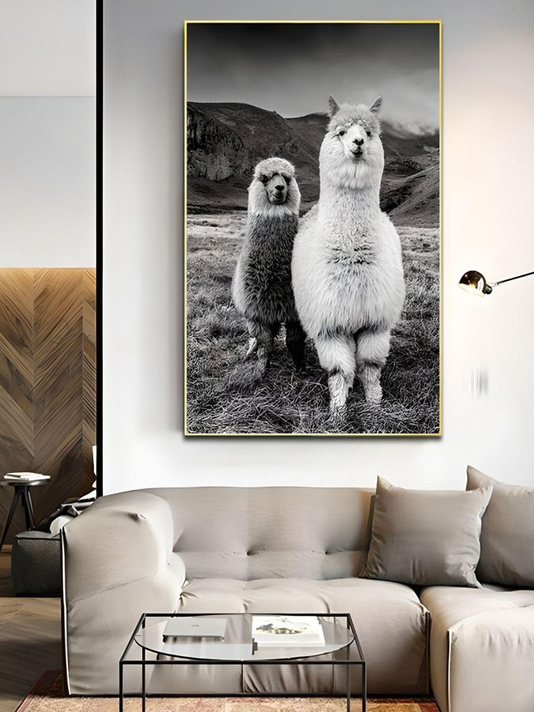 

THE HANDMADE FLAIR Black & White Cute Alpacas Animals Printed Framed Wall Art