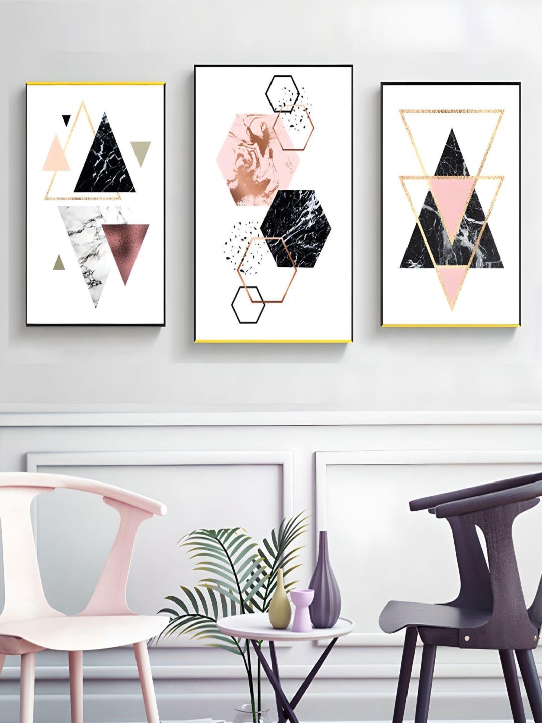 

THE HANDMADE FLAIR 3 Pcs White & Black Geometric Painting Wall Art