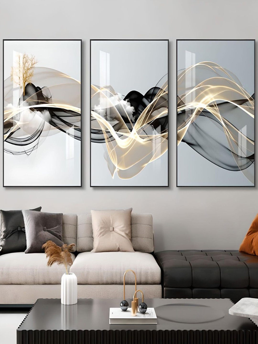 

THE HANDMADE FLAIR Grey & Black 3 Pieces Modern Abstract Flowing Wall Art