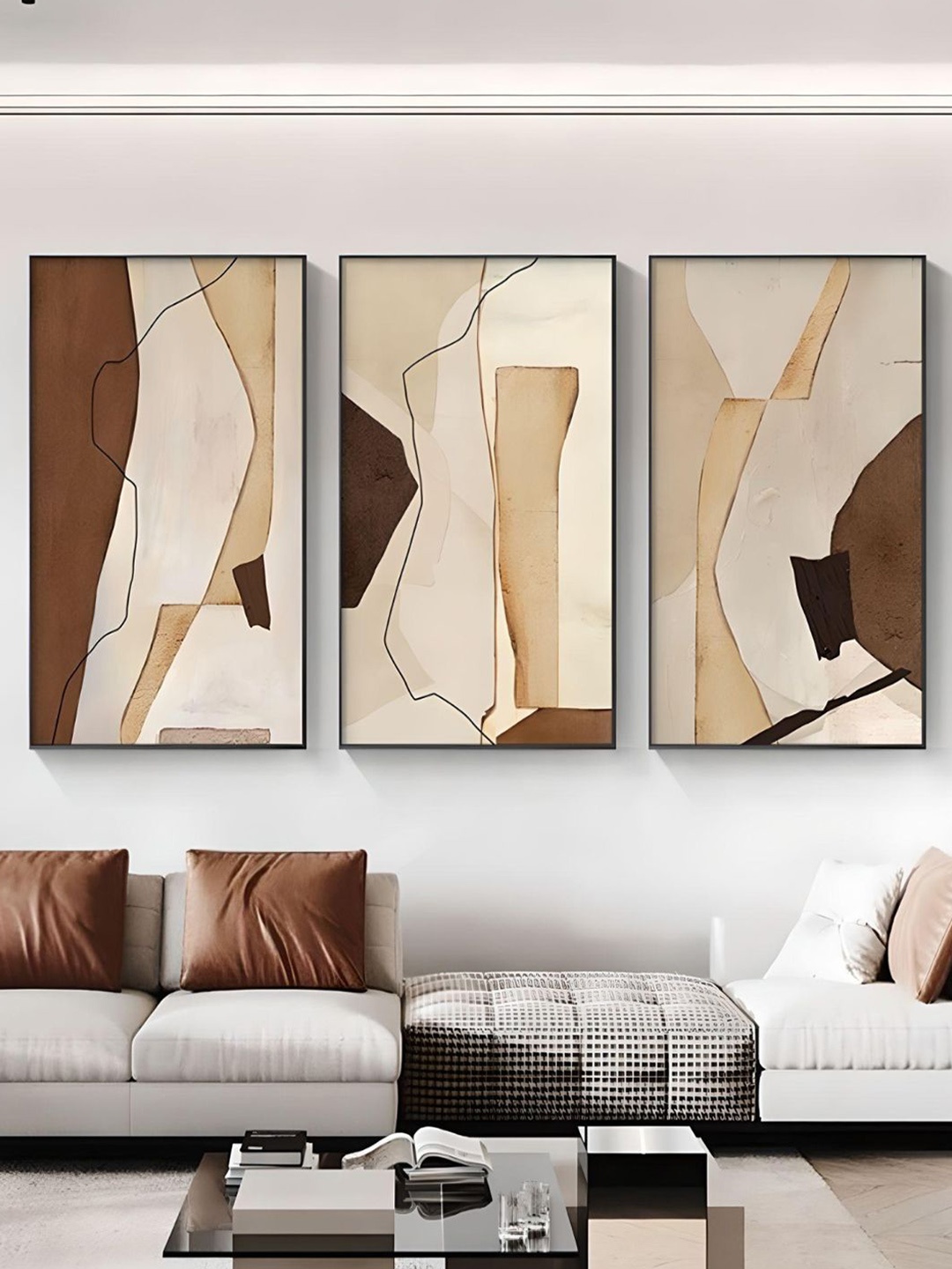 

THE HANDMADE FLAIR Beige 3-Pieces Abstract Printed Framed Wall Art