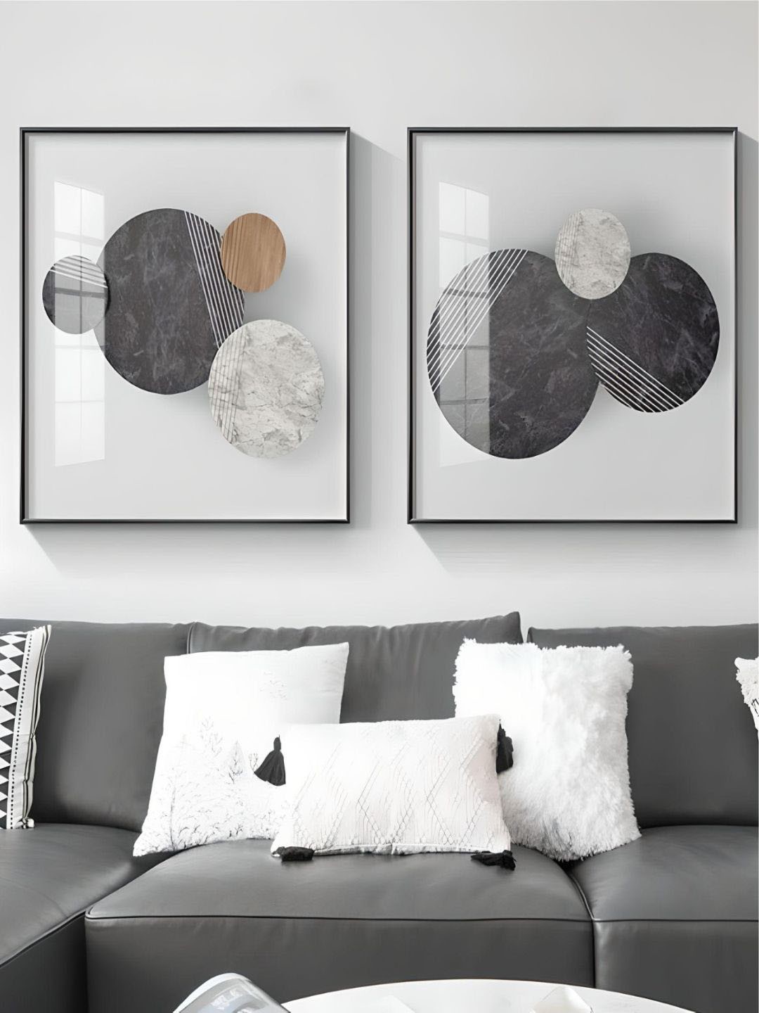 

THE HANDMADE FLAIR Grey 2-Pieces Geometric Circles Printed Framed Wall Art