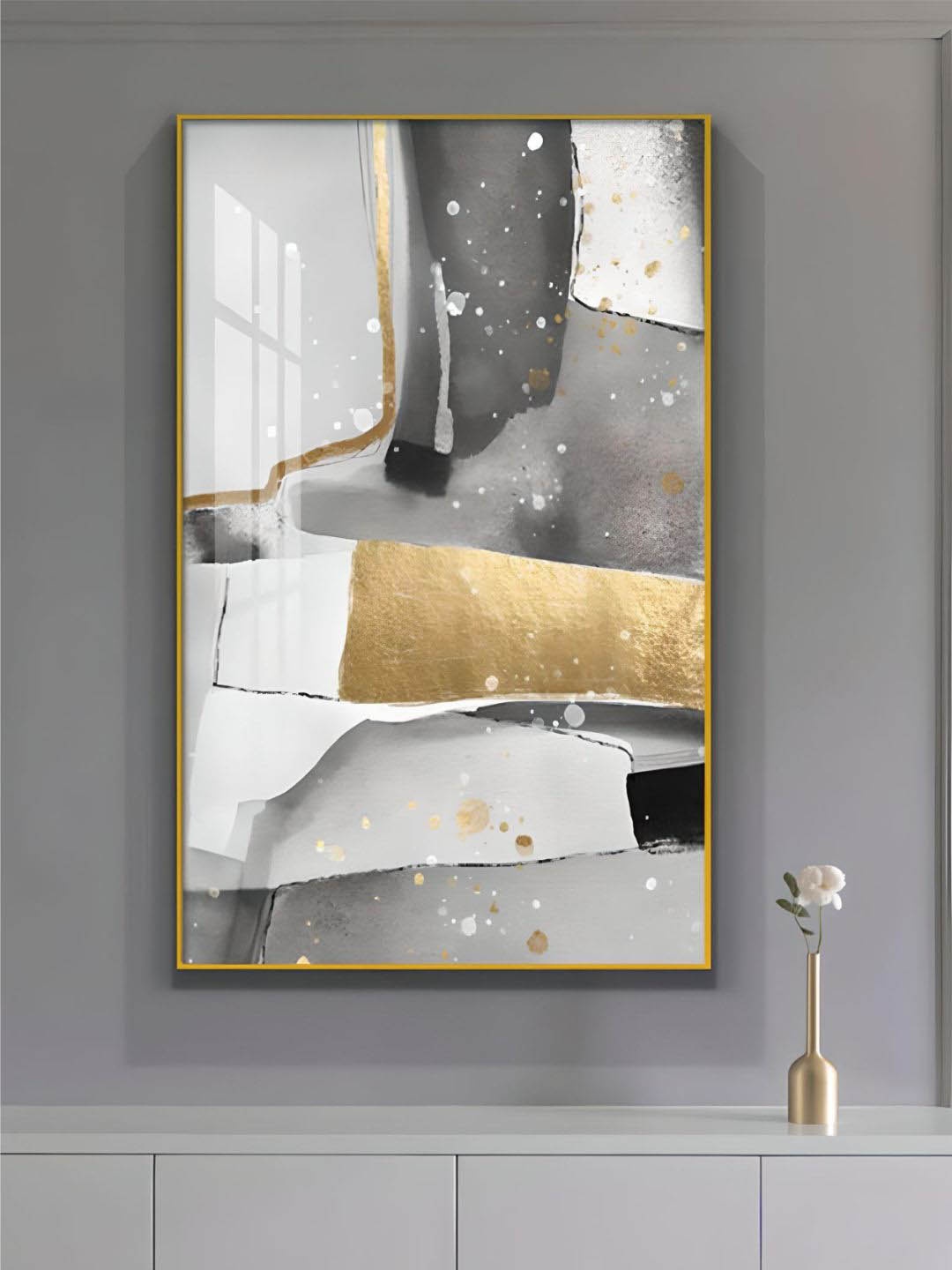 

THE HANDMADE FLAIR Crystal Porcelain Grey & Yellow Abstract Painting Wall Arts