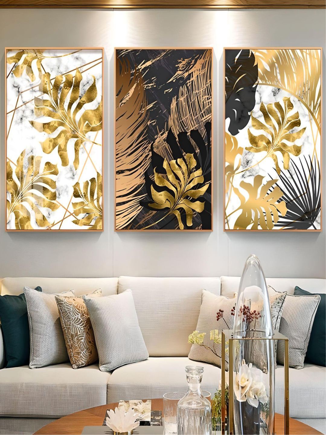 

THE HANDMADE FLAIR 3-Pcs Beige & Black Leaves Painting Wall Art