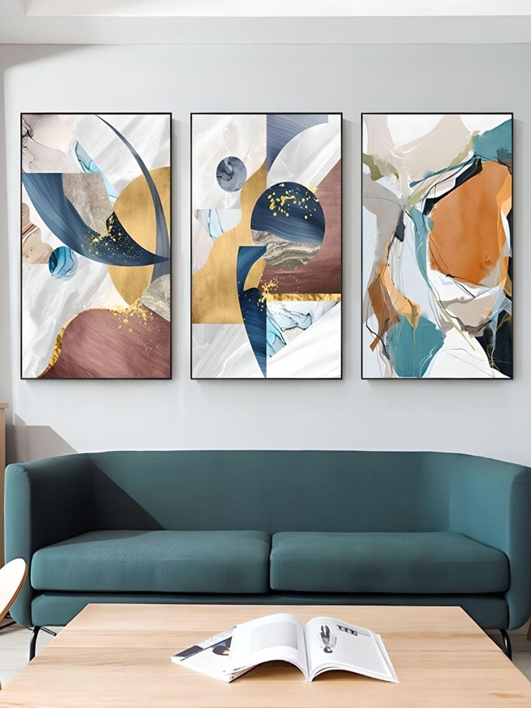 

THE HANDMADE FLAIR Beige & Blue 3 Pieces Abstract Painting Wall Art