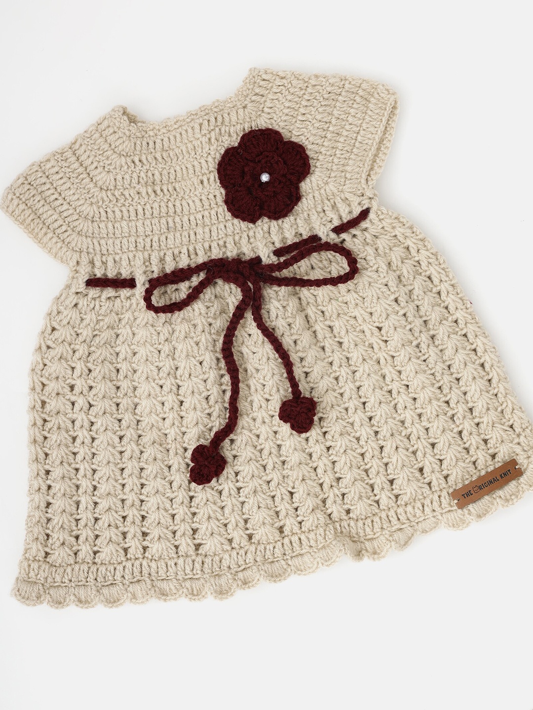 

The Original Knit Infants Girls Self Design Tie-ups Fit & Flare Dress, Beige