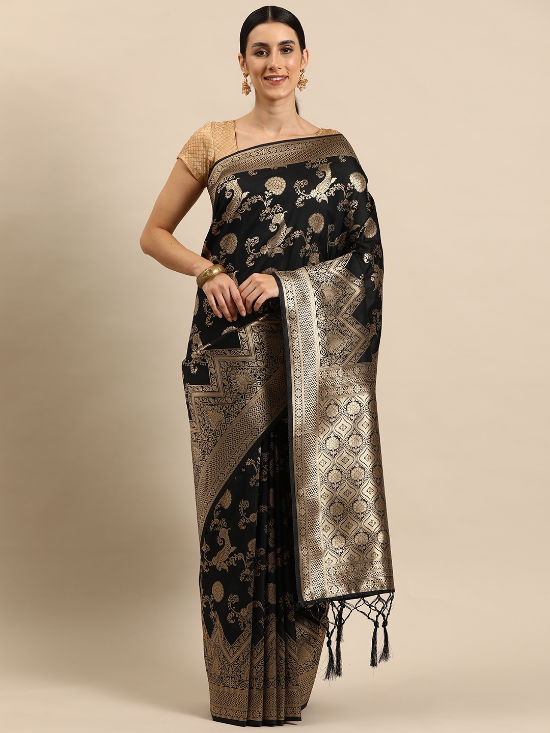 

Ishin Ethnic Motifs Zari Silk Blend Banarasi Saree, Black