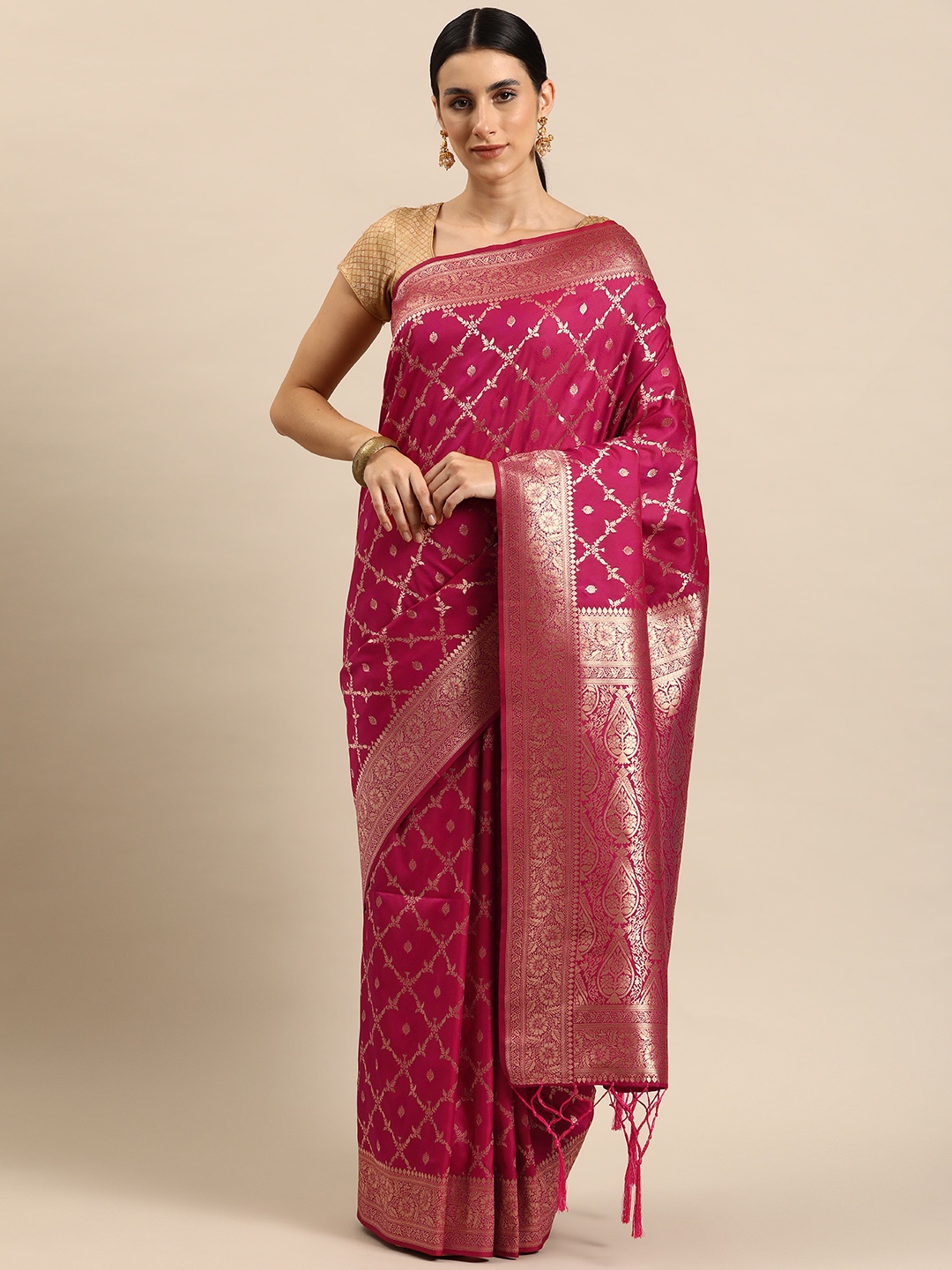 

Ishin Ethnic Motifs Zari Silk Blend Banarasi Saree, Pink