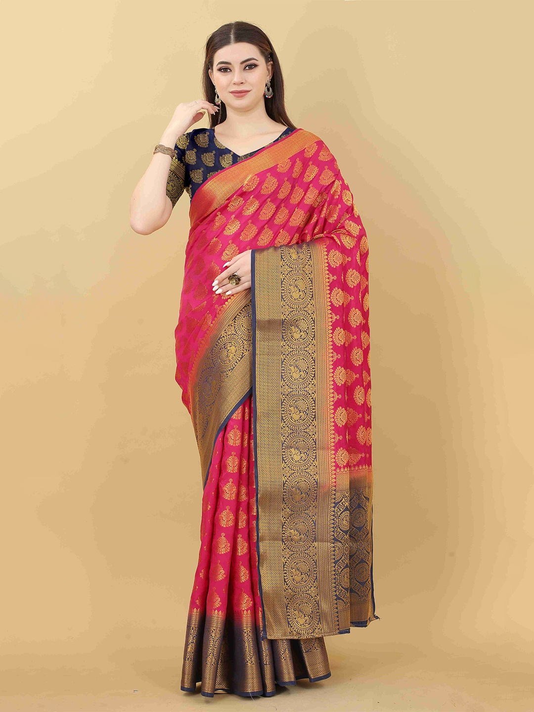 

DIVASTRI Ethnic Motifs Woven Design Zari Art Silk Banarasi Saree, Pink