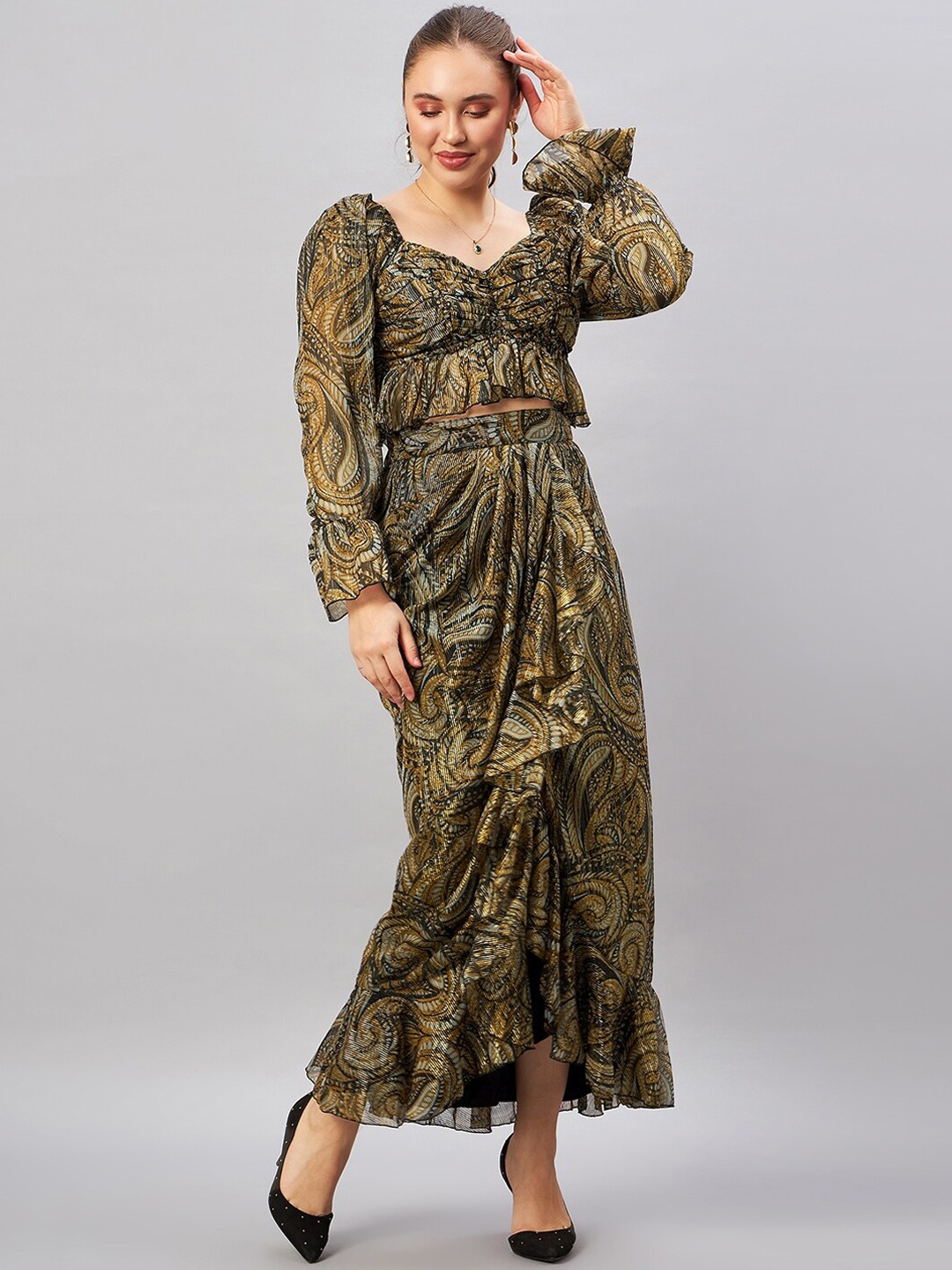 

Antheaa Printed Top With Skirt, Black