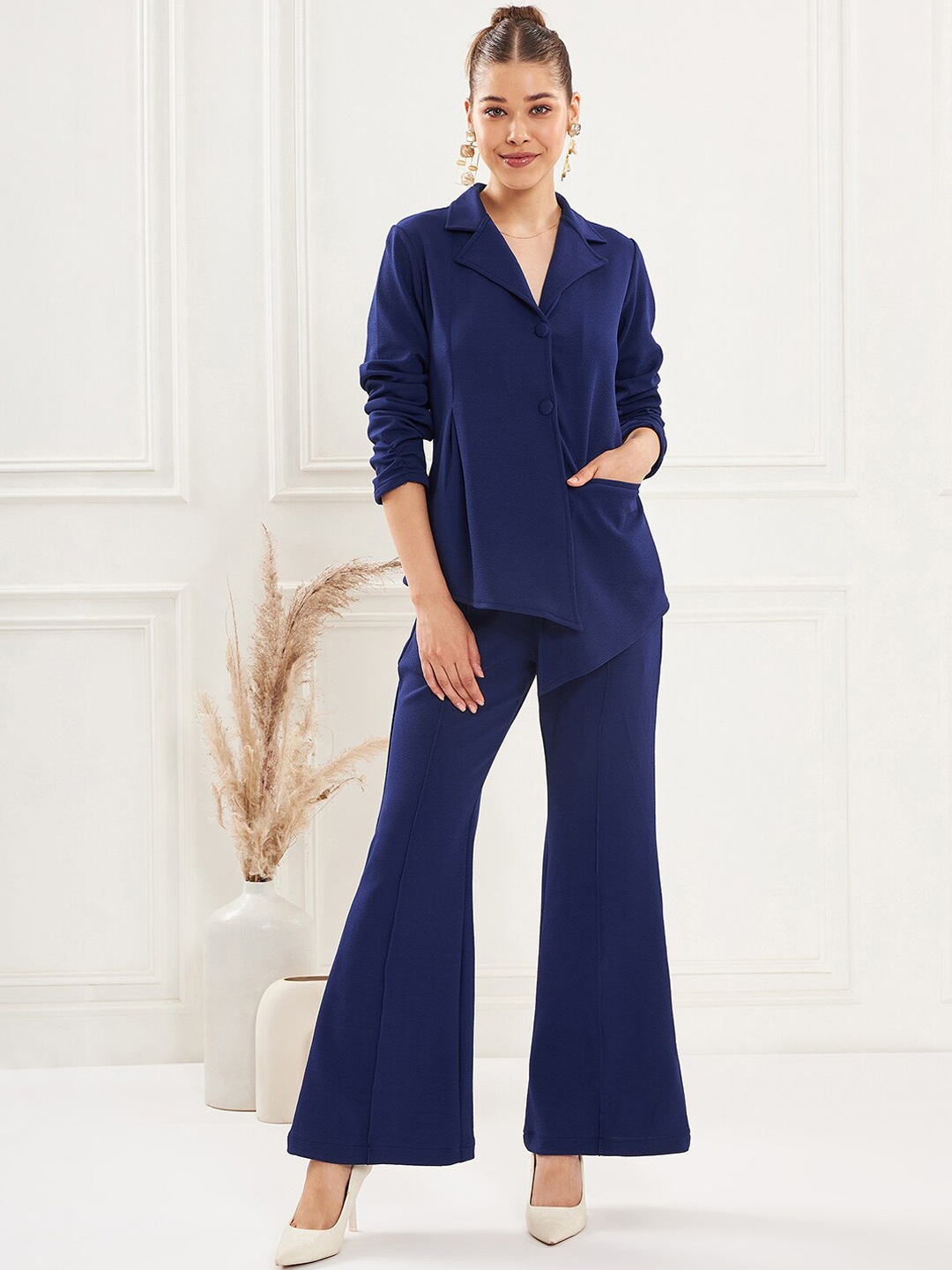 

Antheaa Lapel Collar Blazer With Trousers, Navy blue