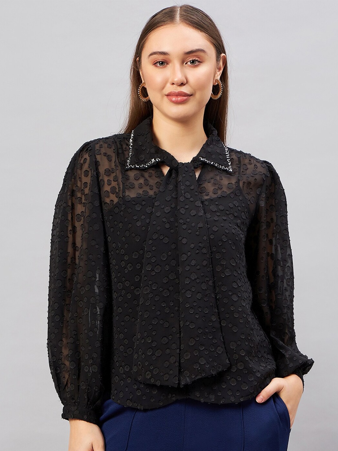 

Antheaa Elit Self Design Dobby Shirt Style Top, Black