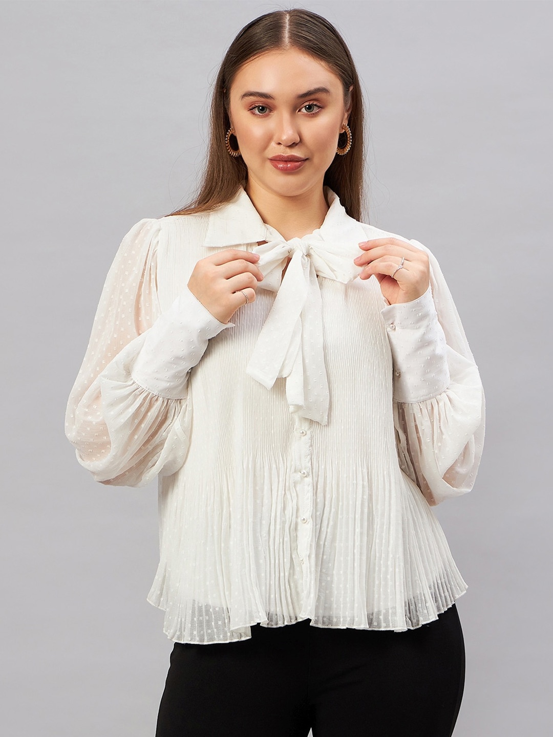 

Antheaan Elit Tie-Up Neck Cuffed Sleeves Chiffon Shirt Style Top, Off white