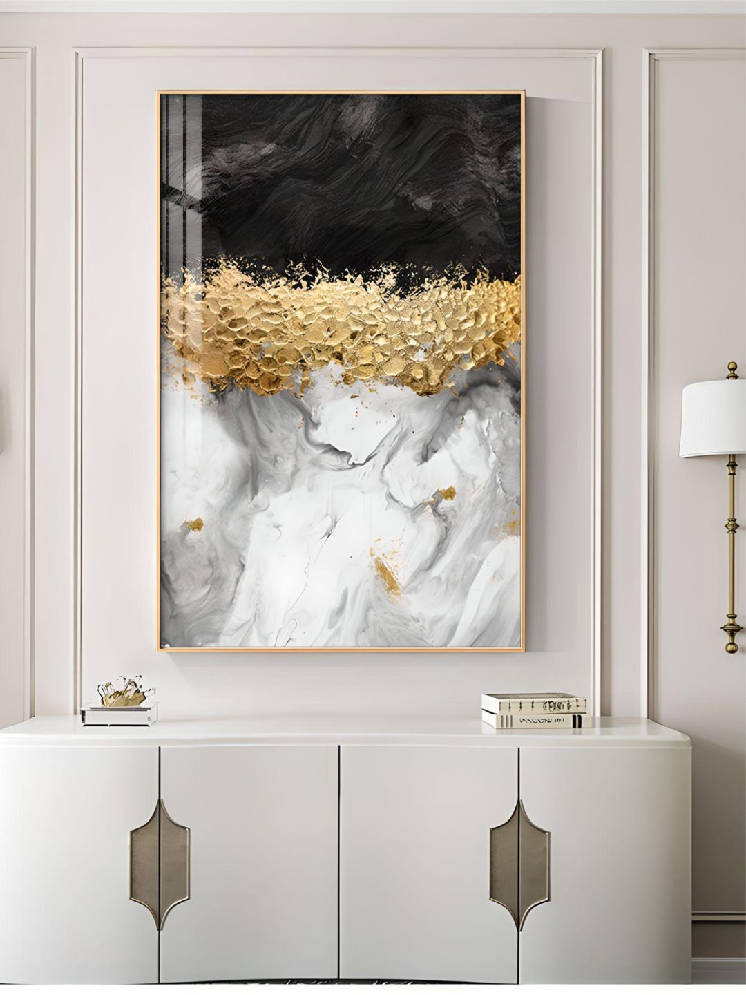 

THE HANDMADE FLAIR Black & Grey Abstract Golden Leaves Painting Wall Art