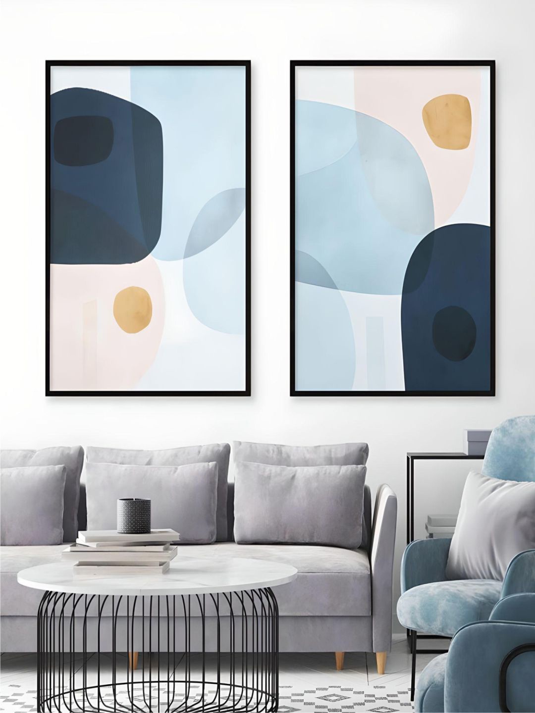 

THE HANDMADE FLAIR White & Blue 2 Pieces Layered Curved Shapes Painting Framed Wall Art