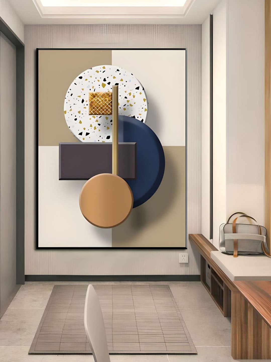 

THE HANDMADE FLAIR Crystal Porcelain Blue & Beige Minimalist 3d Visual Geometrics Wall Art