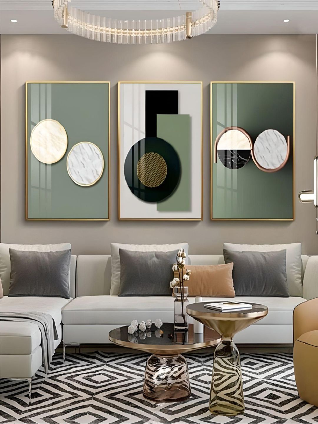 

THE HANDMADE FLAIR Crystal Porcelain Green 3 Pieces Modern Abstract Painting Wall art